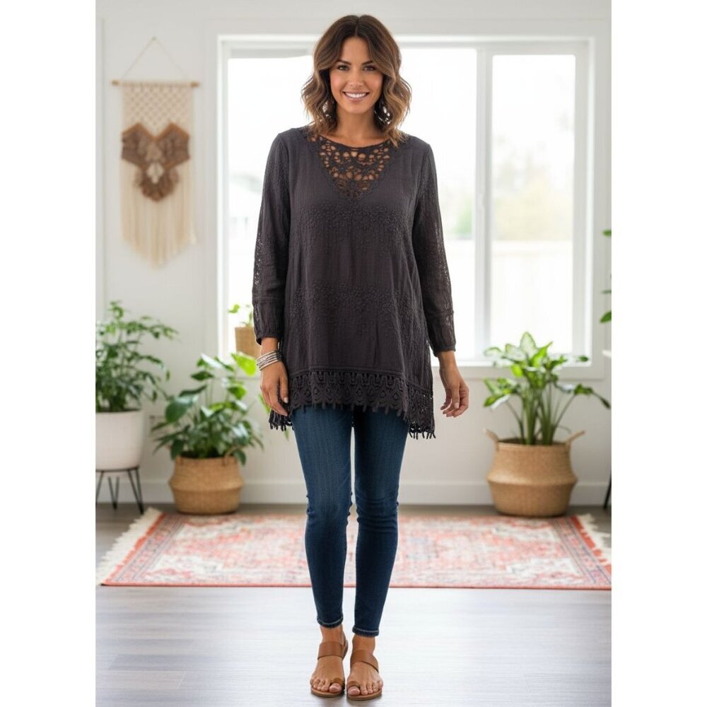 Shoreline Black Long-Sleeve Crochet & Lace Boho Blouse Whimsigoth
